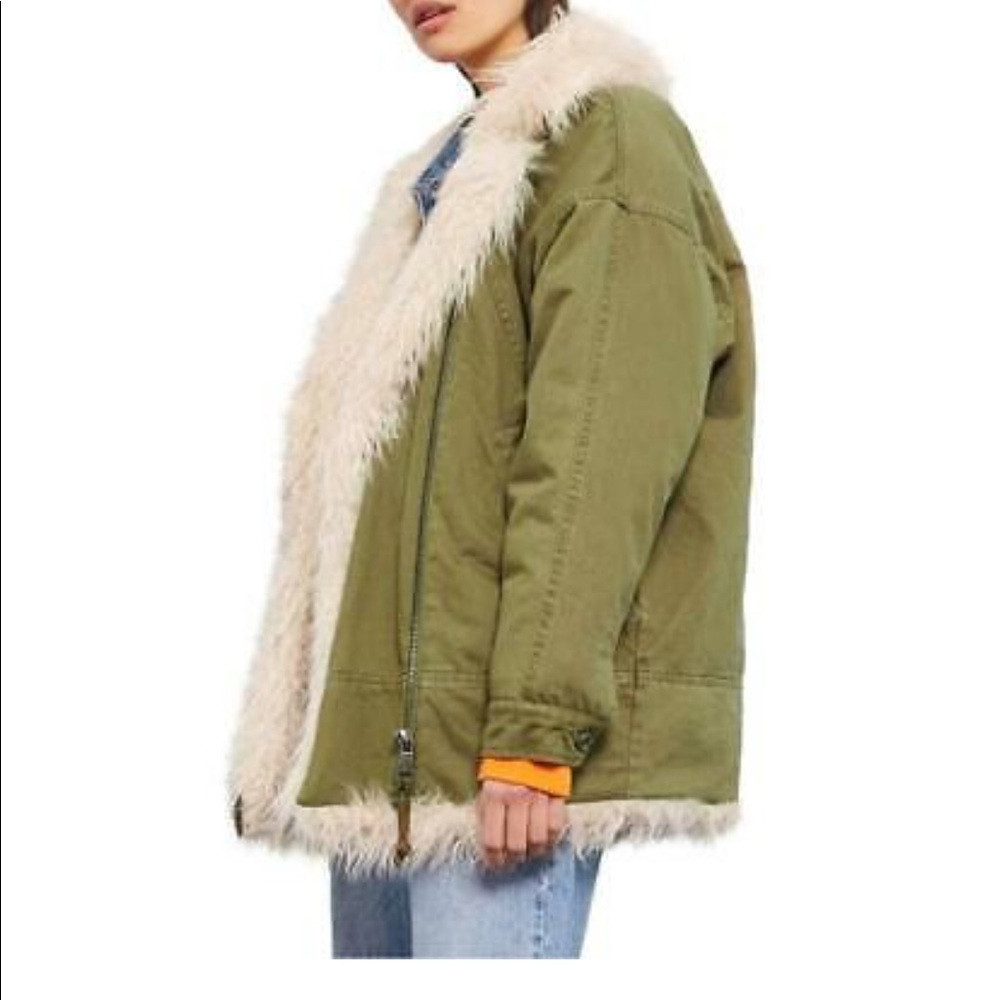 Topshop utility green faux fur jacket size 6
